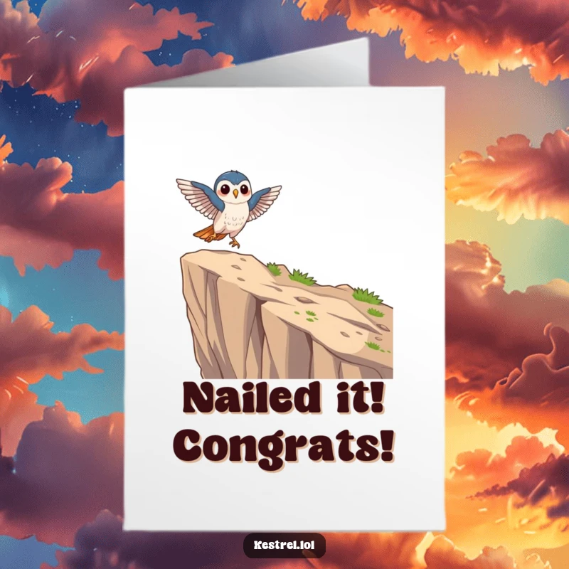 Funny Free Printable Congrats Card: Focused kestrel character gracefully landing on a cliff, symbolizing successful achievement.