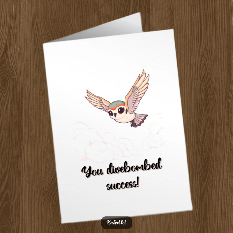 Funny Free Printable Congratulations Card showing a tiny kestrel with exaggerated eyes diving through clouds, celebrating an achievement.