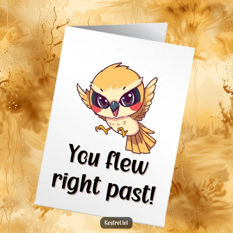 Funny Free Printable Congrats Card: Determined kestrel character diving with focused intensity, hitting the mark.