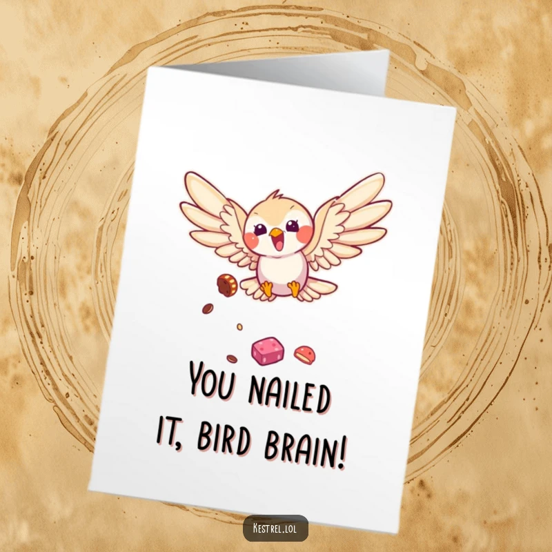 Funny Free Printable Kestrel Congratulations Card: Bird soaring joyfully with wings spread wide, celebrating an achievement.