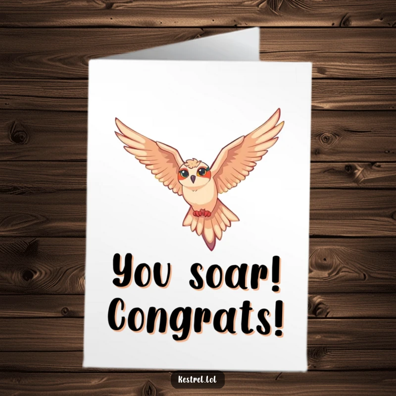 Funny Free Printable Congrats Card: Kestrel character gliding effortlessly, ideal for celebrating achievements with humor.