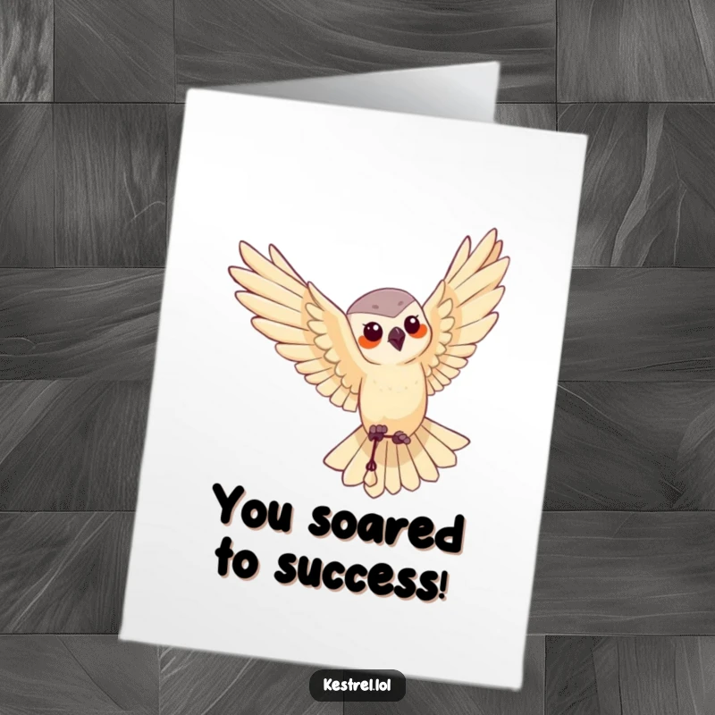 Funny Free Printable Congratulations Card: Kestrel character performing a graceful aerial maneuver, celebrating achievements.