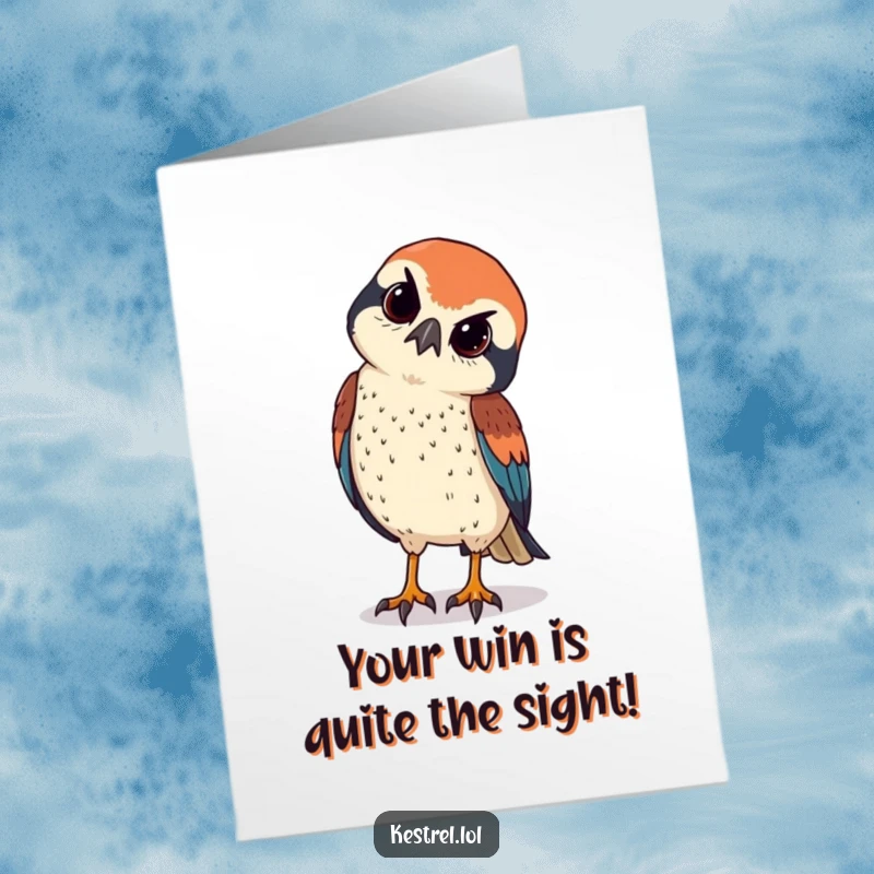 Funny Free Printable Kestrel Congrats Card: Kestrel peering curiously, sharp eyes spotting the victory from afar, with a knowing look.
