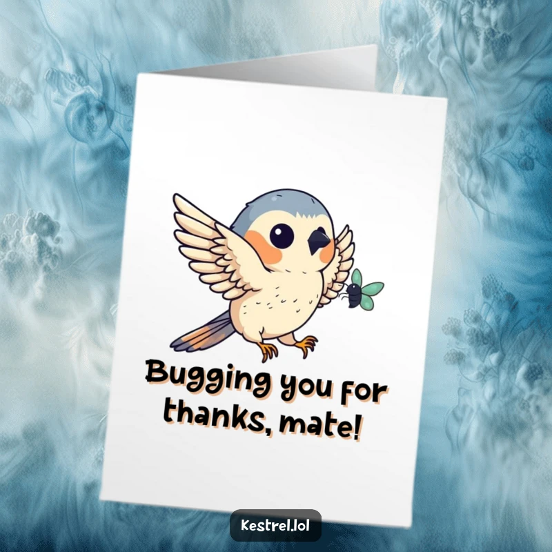 Funny Free Printable Thank You Card: Kestrel character catching a tiny bug in mid-air, expressing thanks.