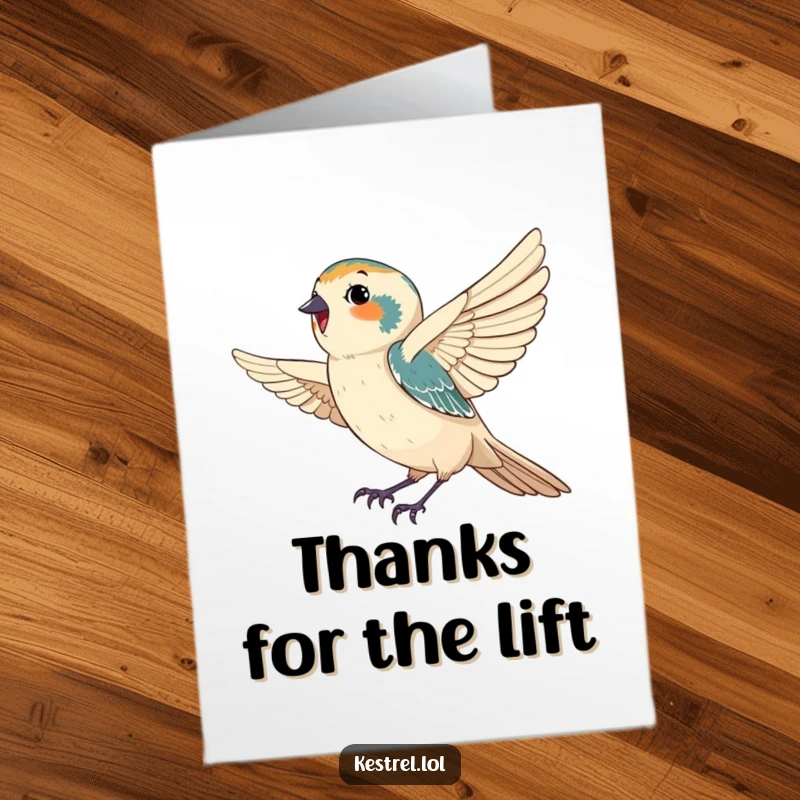 Funny Free Printable thank you card: A happy kestrel catches a gentle breeze, conveying thanks peacefully.