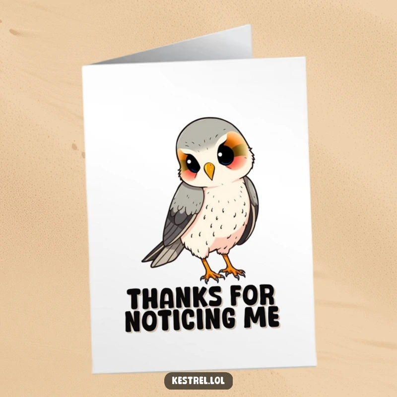 Funny Free Printable Thank You Card: A curious kestrel looks on, head tilted, attentively receiving your thanks.