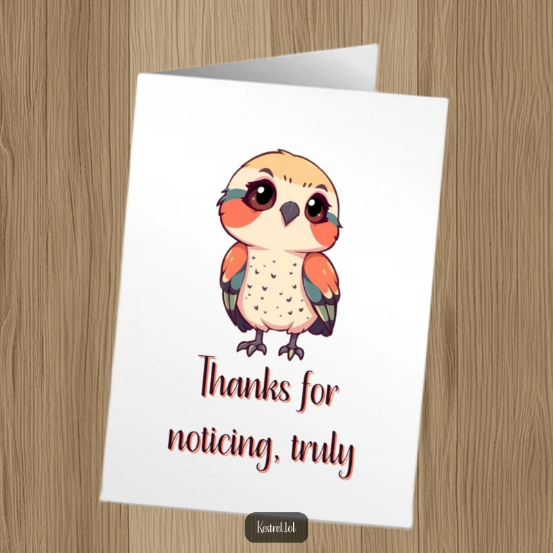 Funny Free Printable Kestrel Thank You Card: Curious bird tilting head with intense focus, expressing thanks humorously.