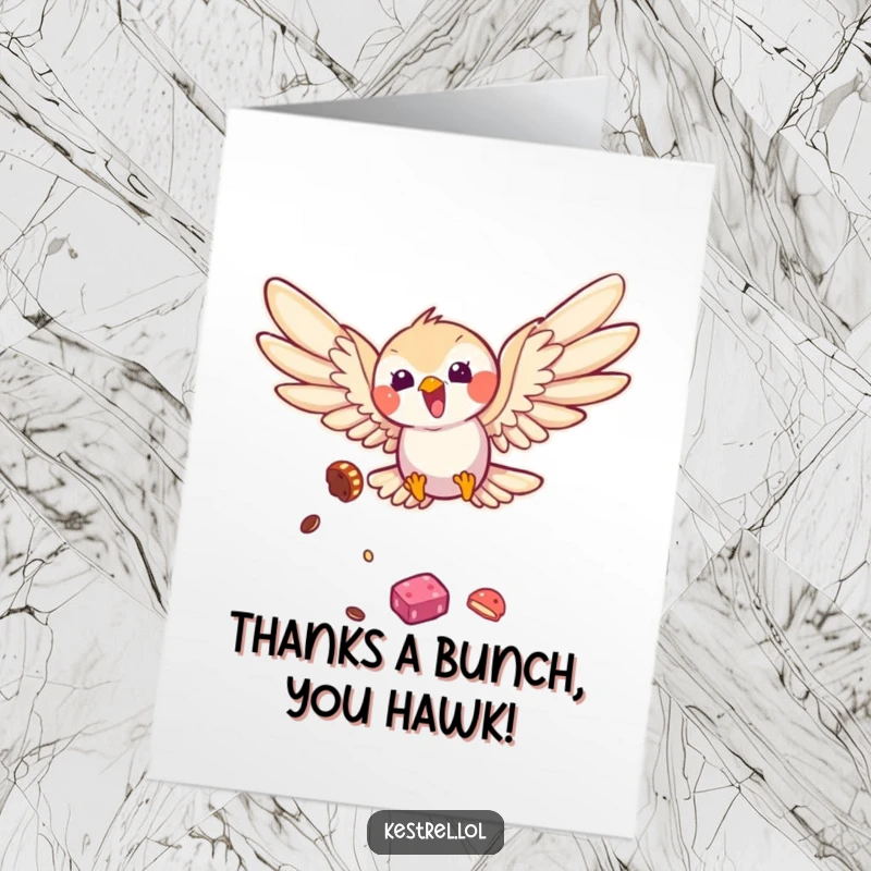 Funny Free Printable Kestrel Thank You Card: Kestrel bird diving playfully towards a treat, expressing thanks with humor.