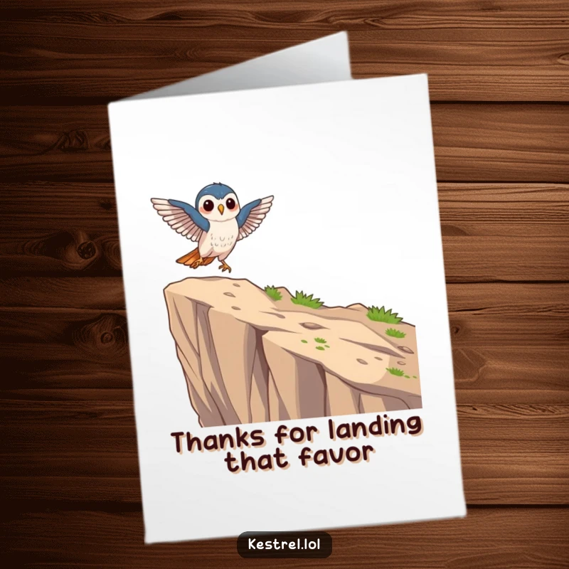 Funny Free Printable Thank You Card: Focused kestrel character landing on a cliff edge, conveying precise and graceful gratitude.