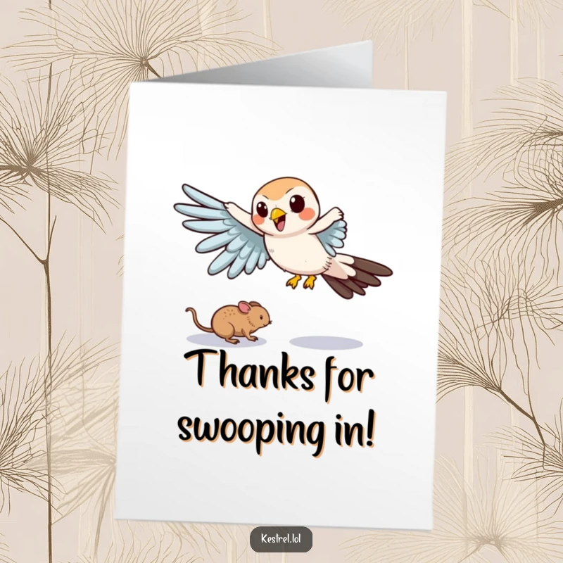 Funny Free Printable Thank You Card depicting a cartoon kestrel comically swooping towards a tiny mouse.