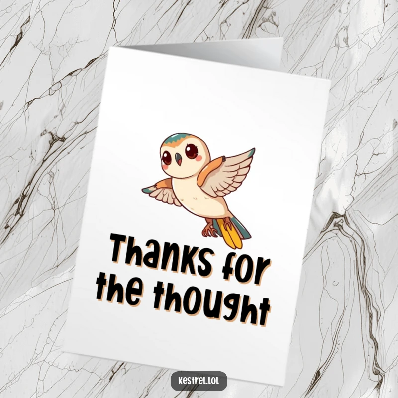Funny Free Printable Thank You Card: A curious kestrel tilts its head mid-flight, expressing thanks.