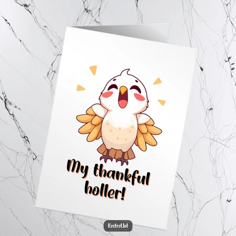 Funny Free Printable Thank You Card: Cheerful kestrel shouting triumphantly, expressing immense gratitude.