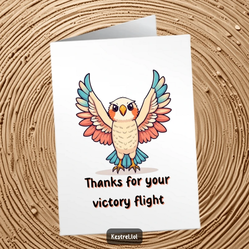 Funny Free Printable Thank You Card: Triumphant kestrel character raising wings, expressing victory and heartfelt gratitude.