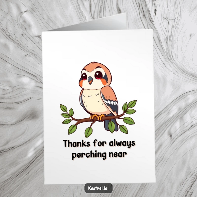 Funny Free Printable Thank You Card: A happy kestrel character perched on a branch, looking around with a cheerful and thankful expression.