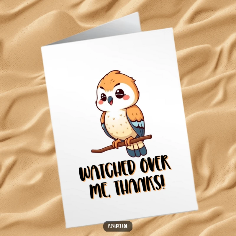 Funny Free Printable Thank You Card: A winking kestrel character playfully scouts from a high perch, a sly thank you.