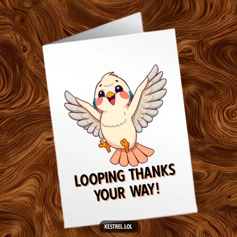 Funny Free Printable Thank You Card: Joyful kestrel character doing a playful aerial loop, spreading happiness.
