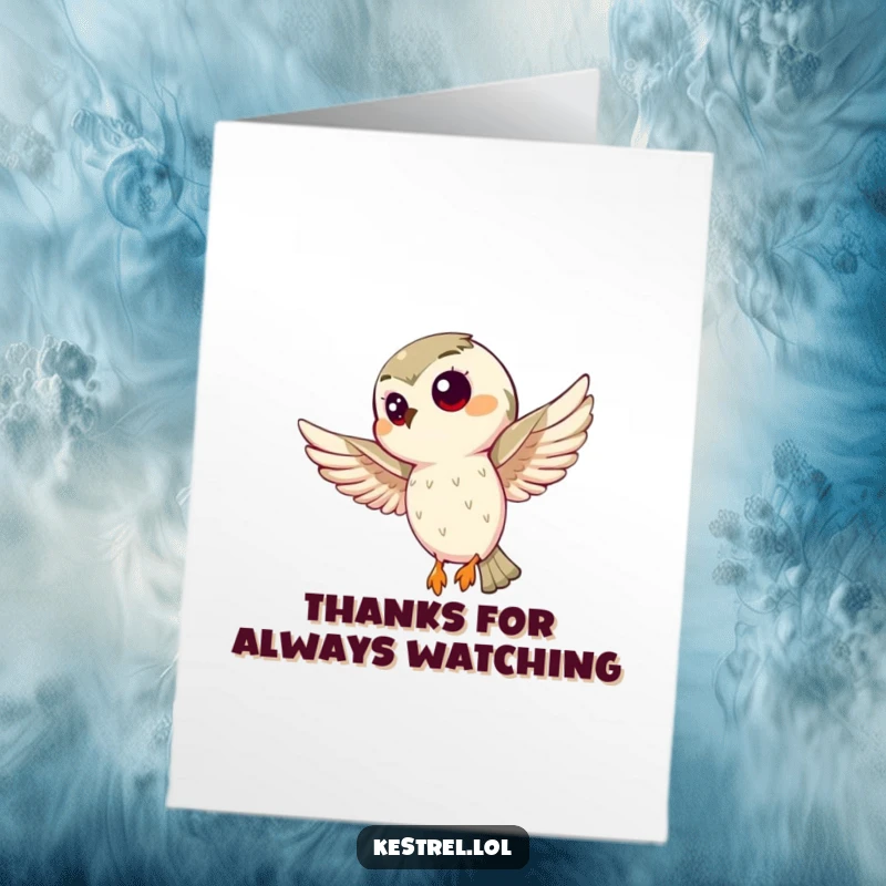 Funny Free Printable Thank You Card: A happy kestrel perched on a branch, looking curiously at you with thankful eyes.