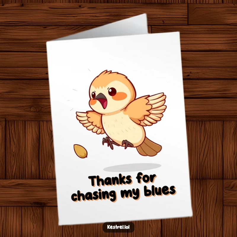 Funny Free Printable Thank You Card: A kestrel chases a bouncing seed, conveying energetic gratitude.