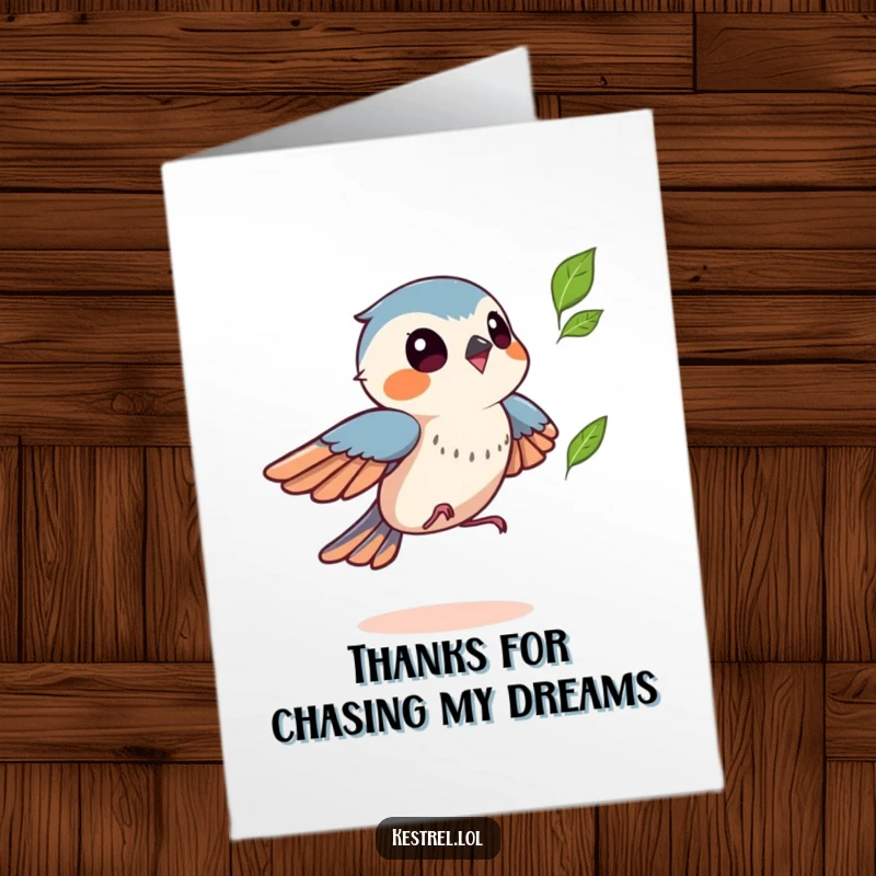 Funny Free Printable Kestrel Thank You Card: Kestrel playfully chasing a fluttering leaf, expressing thanks with a fun attitude.
