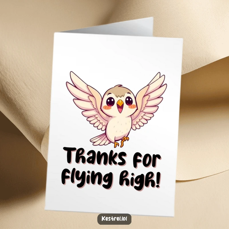 Funny Free Printable Thank You Card: A smiling kestrel character eagerly soars with outstretched wings, sending thanks.