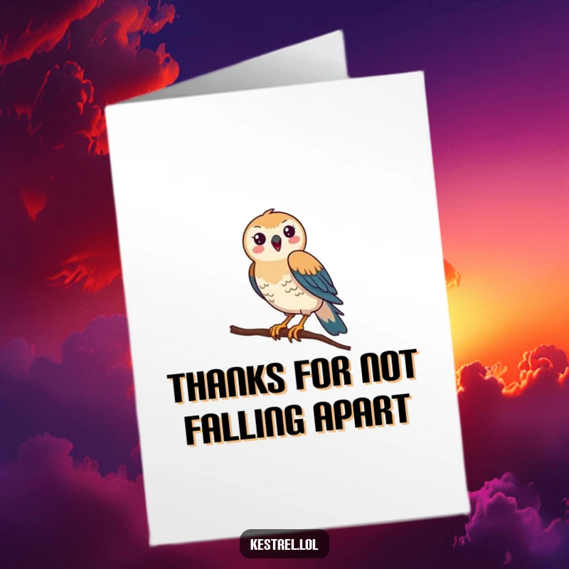 Funny Free Printable Thank You Card: A kestrel humorously balances on a thin branch, showing gratitude.
