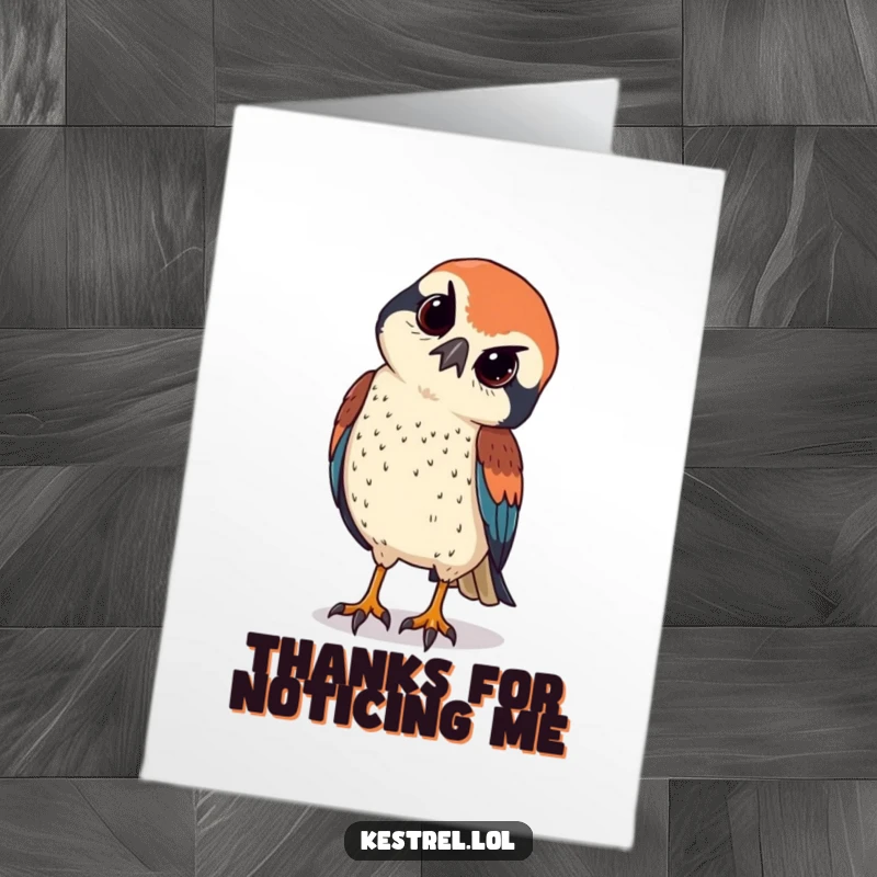 Funny Free Printable Kestrel Thank You Card: Kestrel peeking with curiosity, sharp eyes scanning, acknowledging your kindness with humor.