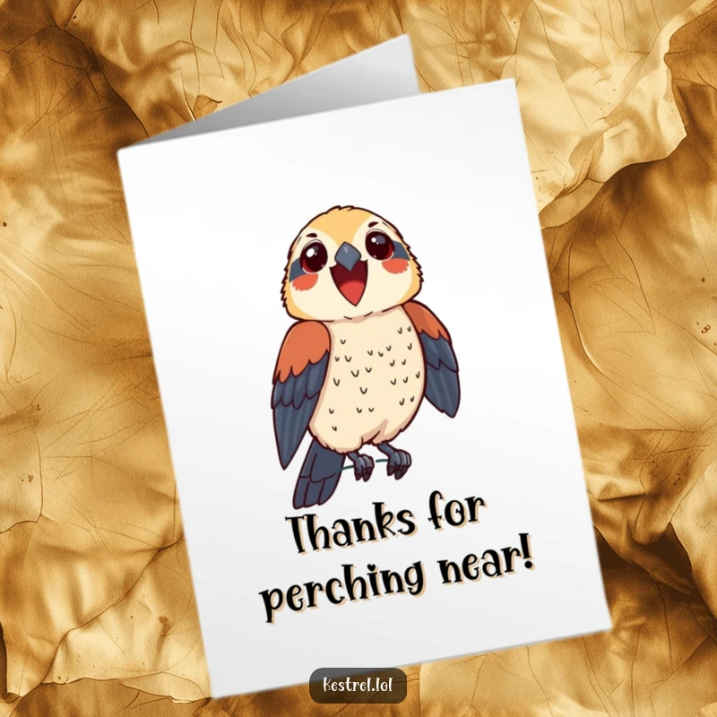 Funny Free Printable Thank You Card featuring a thrilled kestrel character perching proudly, conveying deep thanks with a smile.