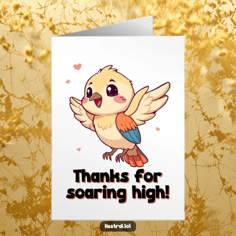 Funny Free Printable Thank You Card with a gleeful kestrel character gracefully catching a playful breeze, expressing thanks.