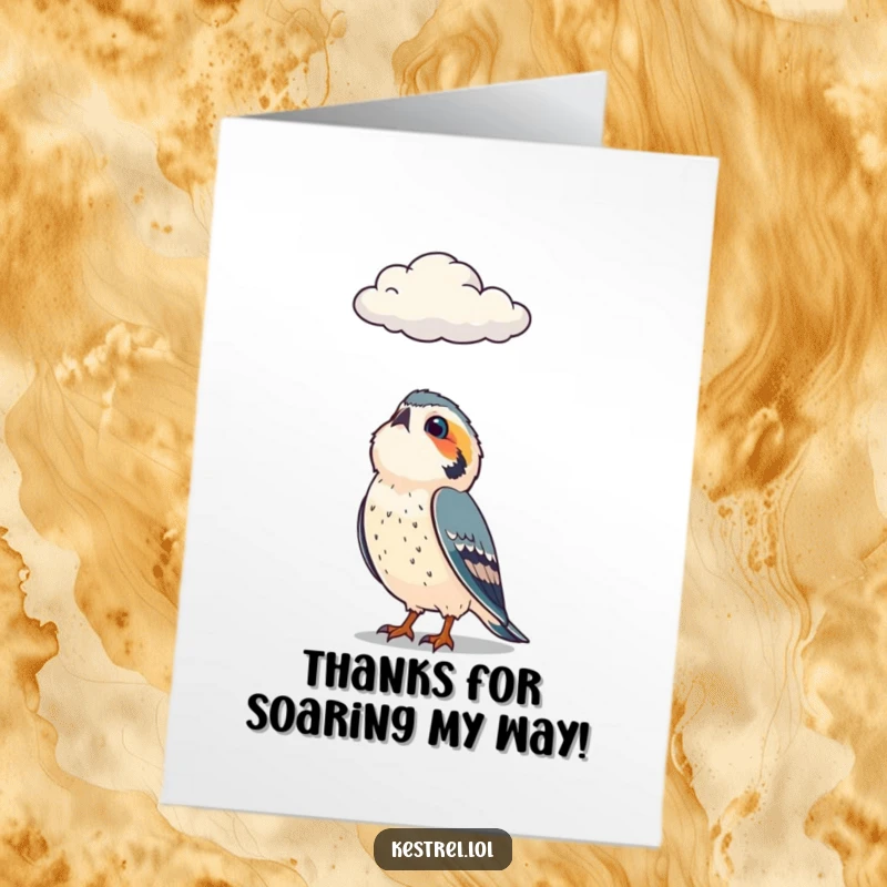 Funny Free Printable Thank You Card featuring a curious kestrel character looking up at a cloud, conveying thoughtful thanks.