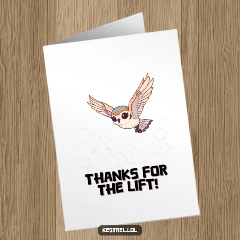 Funny Free Printable Thank You Card with a tiny kestrel, exaggerated eyes, diving through clouds with thanks.