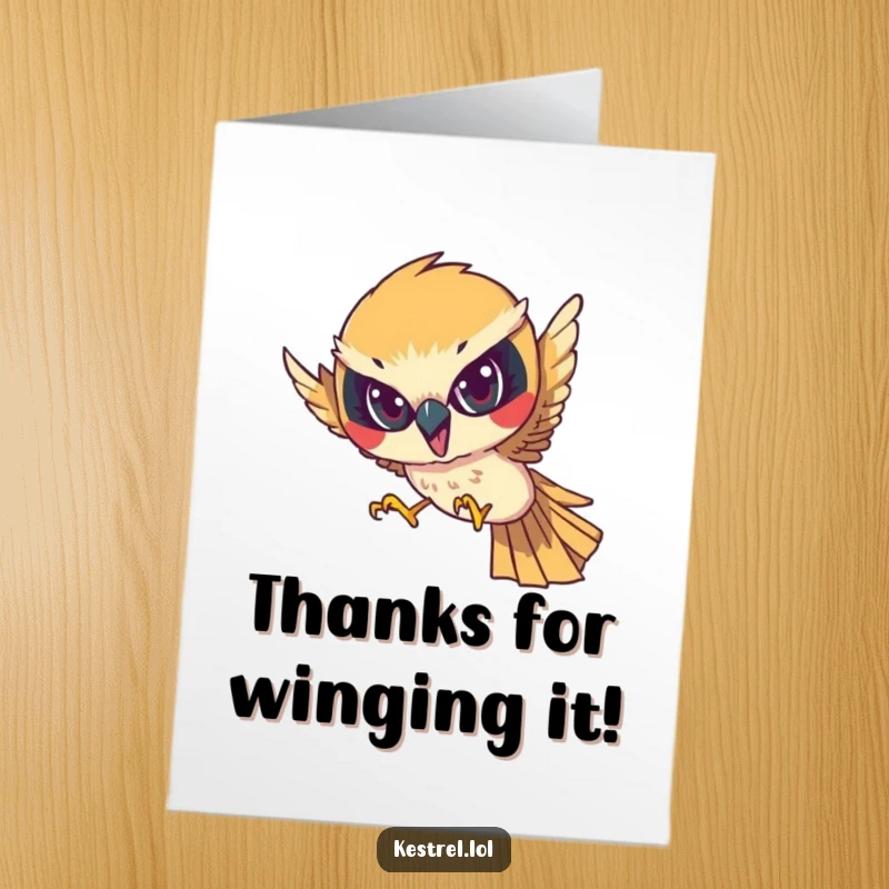 Funny Free Printable Thank You Card: Determined kestrel character diving with focused intensity, conveying sharp thanks.