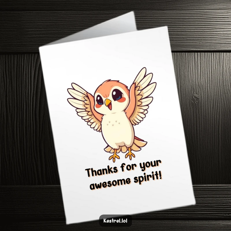 Funny Free Printable Thank You Card: Cheerful Kestrel showing thanks with energetic flapping, perfect downloadable gift.