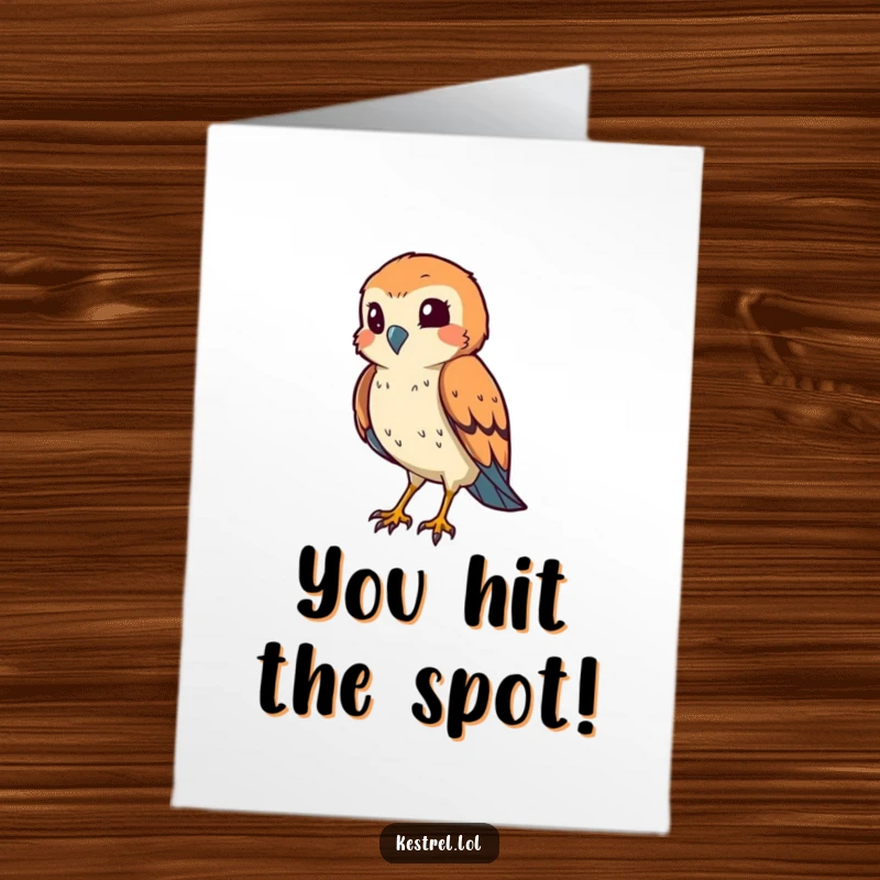 Funny Free Printable Thank You Card: smiling kestrel in hunting pose, squinting, conveying thanks precisely.