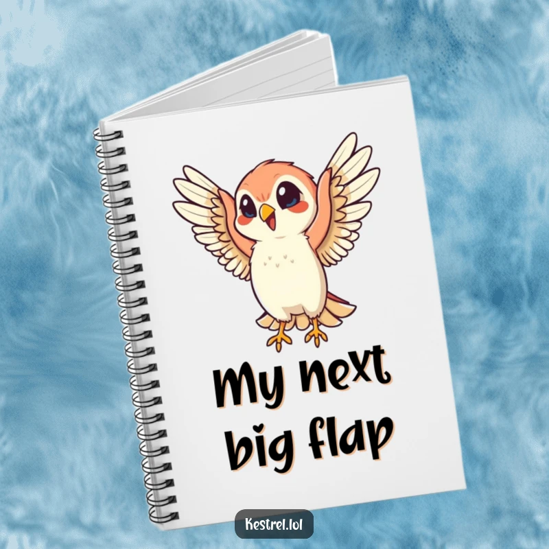 Funny notebook with a cheerful kestrel character flapping its wings energetically, ideal for jotting down notes with a touch of avian humor.