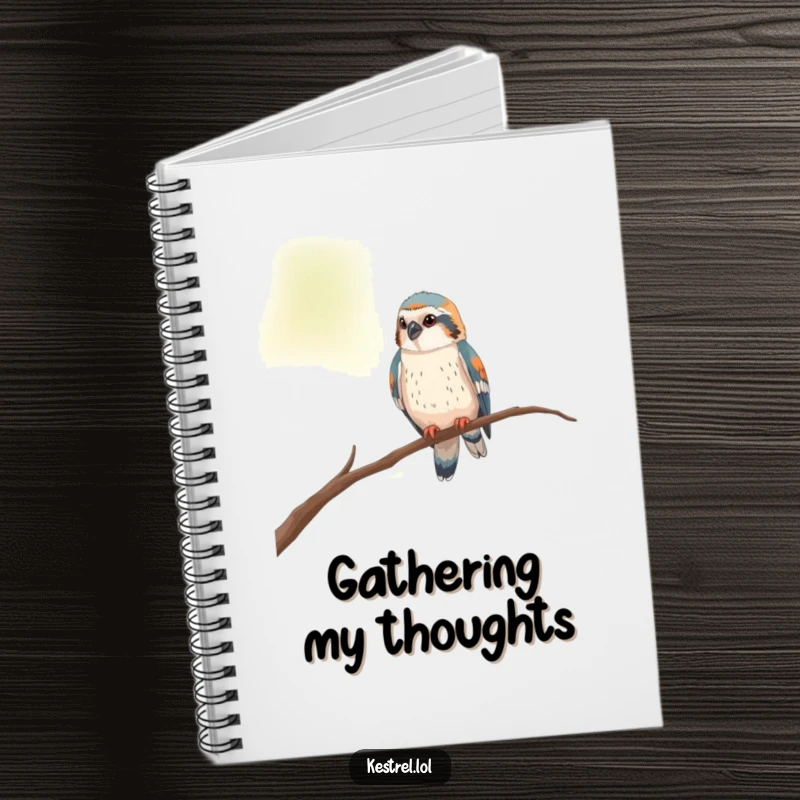 Funny kestrel notebook with a curious bird perched on a thin branch, looking around, designed for thoughtful notes.