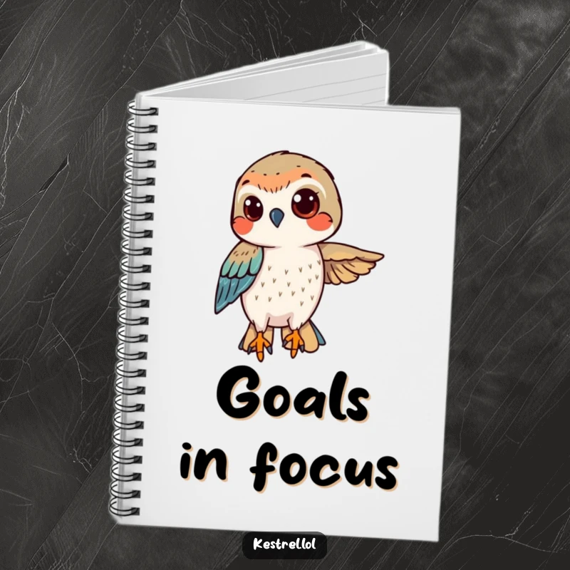 Funny kestrel notebook with a determined bird hovering with a confident gaze, designed for goal setting.