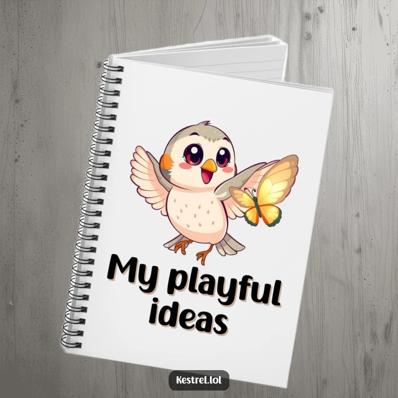 Funny notebook cover with a happy kestrel with big eyes playfully chasing a shimmering butterfly, perfect for fun notes.