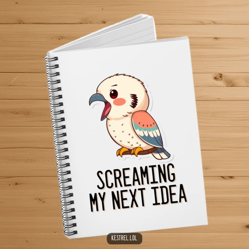 Funny kestrel notebook with a kestrel calling out, beak open, designed for jotting down notes with a humorous and avian touch.