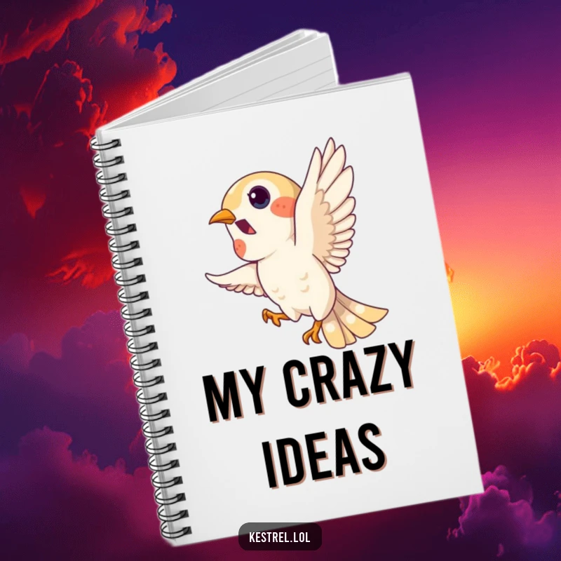 Funny kestrel notebook, playful bird character doing a loop in the sky, lined pages, humorous stationery.