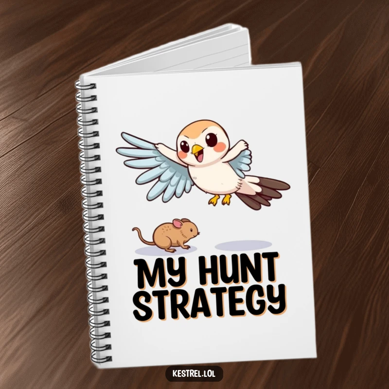 Funny notebook cover with a cartoon kestrel comically swooping down with outstretched wings, designed for witty notes.