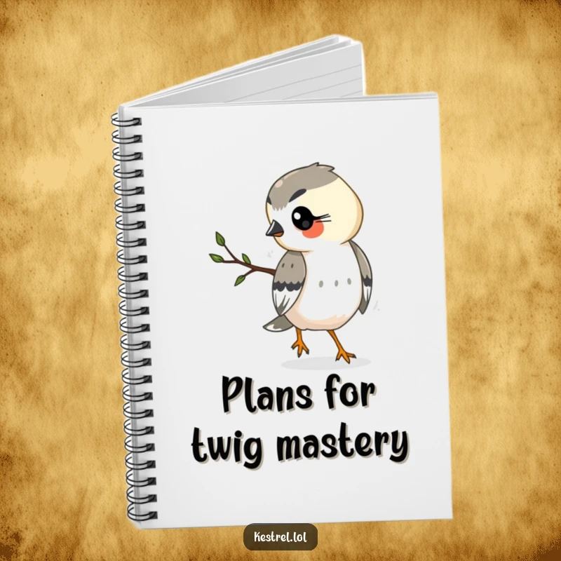 Funny kestrel notebook with a busy kestrel carrying a twig, perfect for notes and doodles.