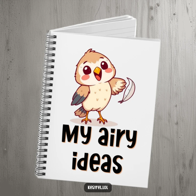 Funny kestrel notebook with a cheerful character comically attempting to catch a falling feather, great for jotting notes with a touch of whimsical humor.