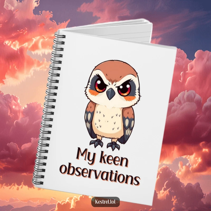 Funny notebook featuring a kestrel character looking intently with sharp, focused eyes, perfect for note-taking with humorous bird-lover flair.