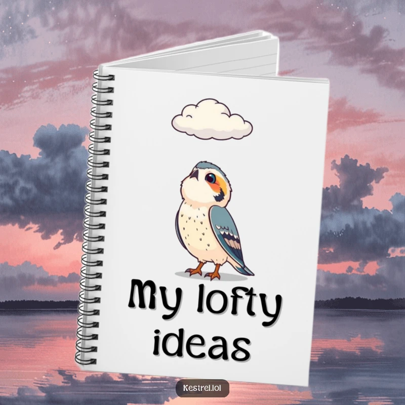 Funny notebook with a curious kestrel character looking up at a cloud, ideal for jotting down thoughtful ideas.