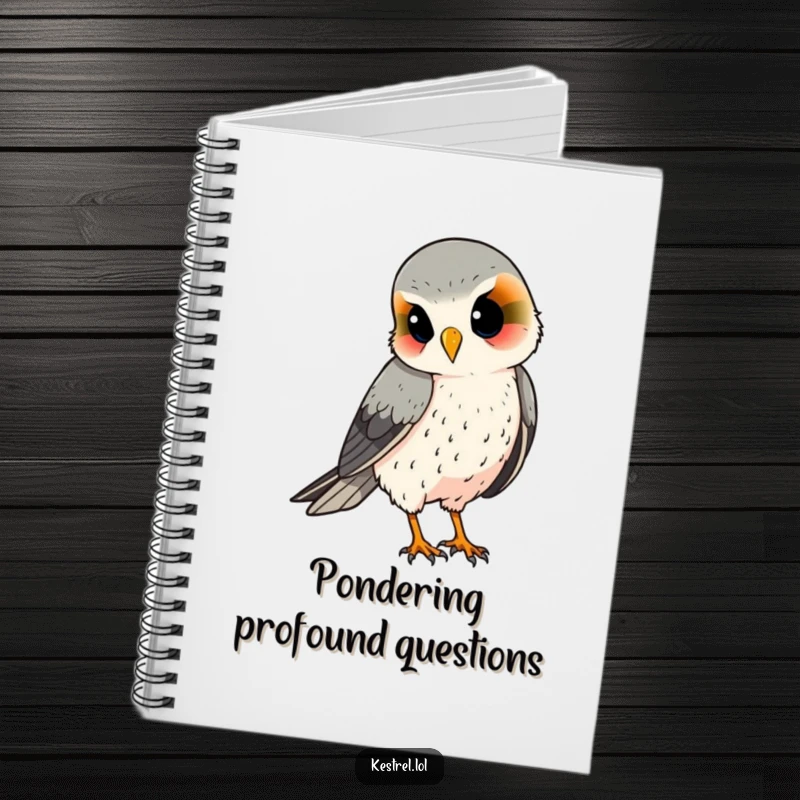 Funny kestrel notebook, featuring a curious bird tilting its head, ideal for jotting down thoughts and observations.