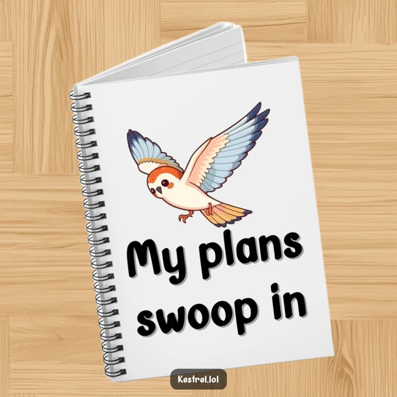 Funny kestrel notebook with a playful bird gracefully diving through the air, designed for creative thoughts.