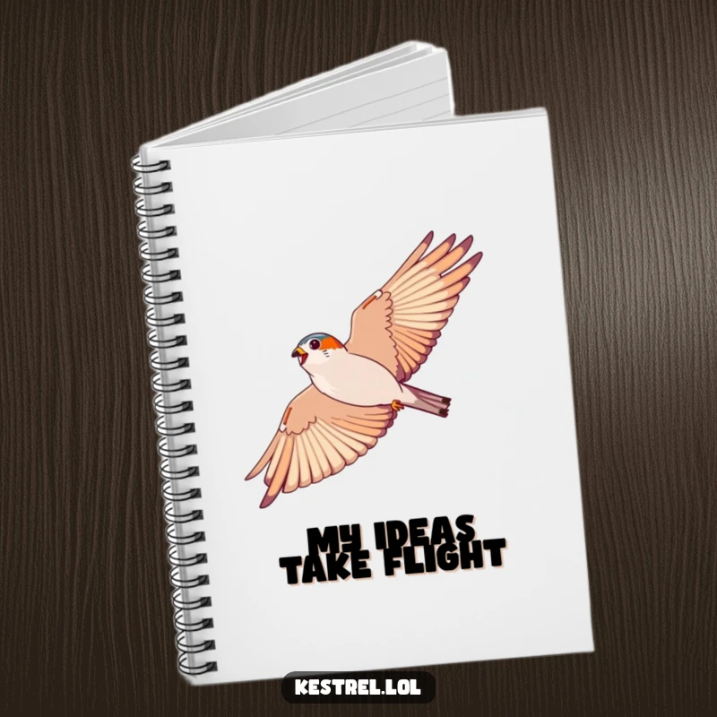 Funny kestrel notebook, featuring an energetic bird soaring in a wide arc, ideal for jotting down inspired ideas.