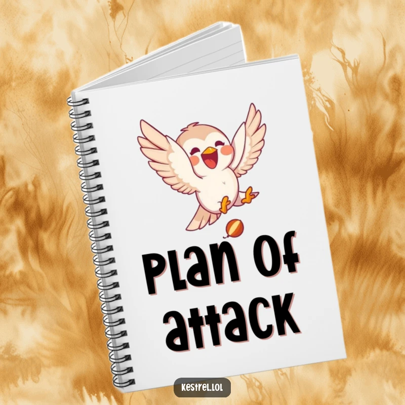 Funny kestrel notebook with a delighted character joyfully diving towards small prey, great for jotting notes with a touch of focused humor.