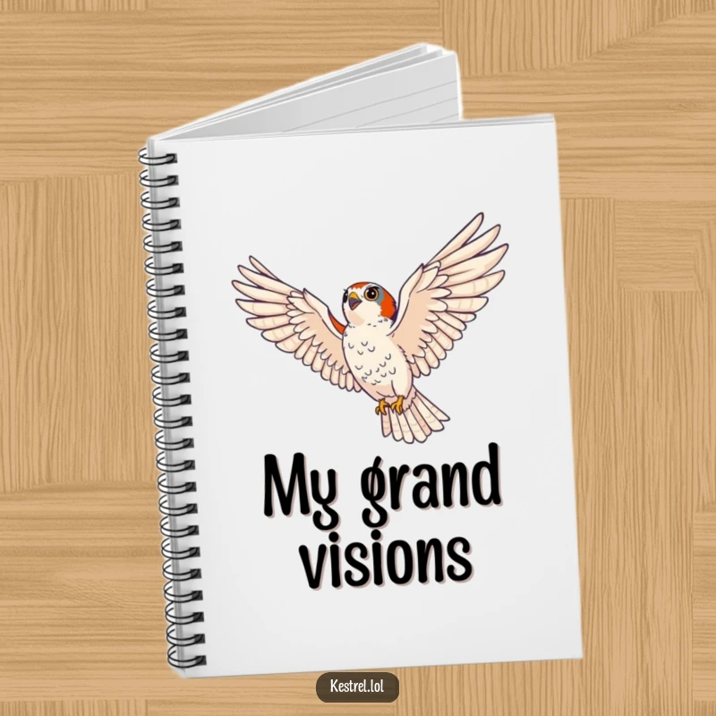 Funny kestrel notebook featuring a majestic bird of prey soaring with wings spread wide, perfect for jotting down important details with humorous focus.