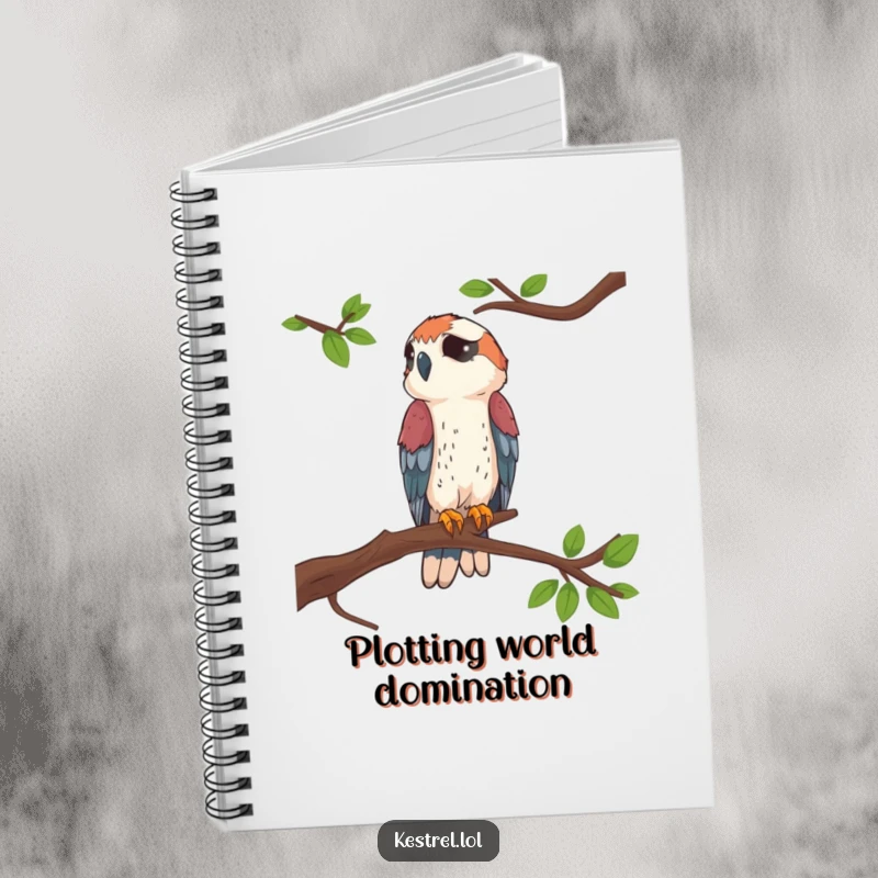 Funny Kestrel Perched Notebook showing a kestrel on a branch, designed for journaling and creative thoughts.
